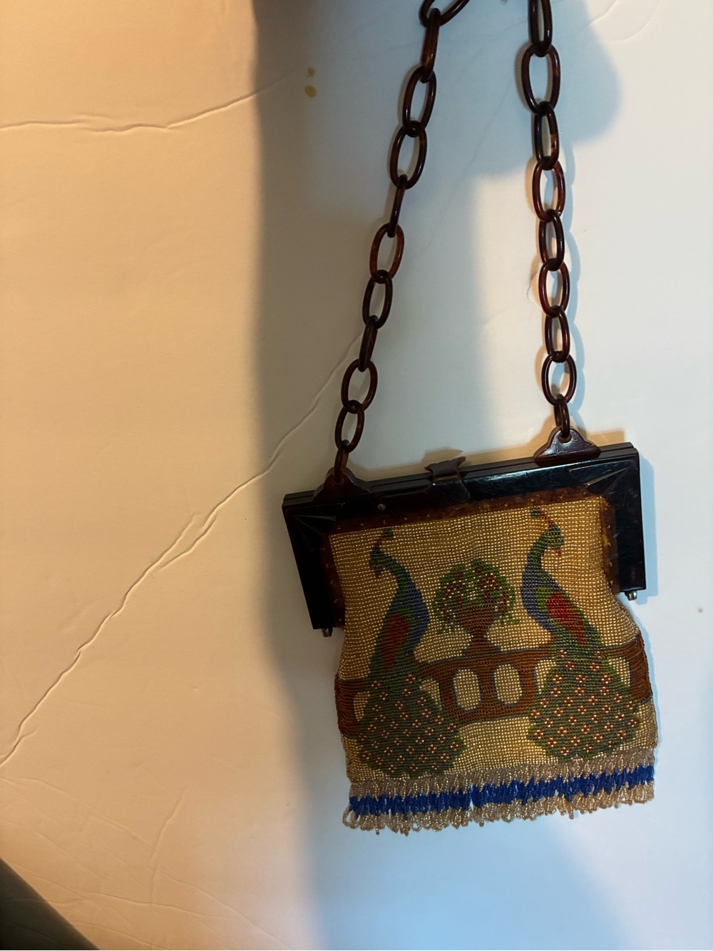 Whiting & Davis Gold Beaded Mini Bag with Multicolor Peacock Motif - Picture 2 of 7